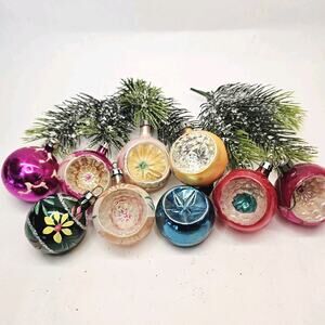 9 Vintage Poland Christmas Tree Round Single Indent Ornaments Mica Glitter
